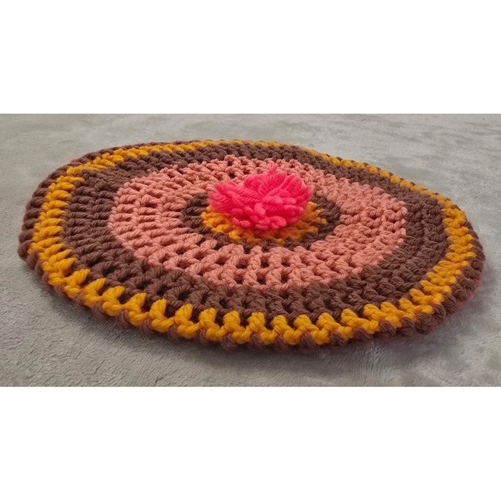 Vtg Crochet Beret Hat Women's OS Pink Brown Yellow Handmade Pom Hand Knit NEW‎